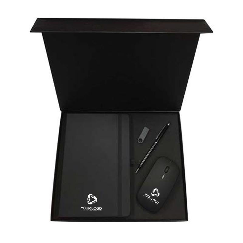 Budget Friendly Medium Sized Customized Gift Set - Black White Box Metal USB, Slim Metal Pen